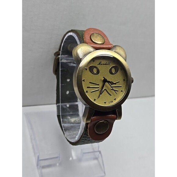 Mundell Cats Face Womens Quartz Watch Green Leather Strap Brass Tone New Battery - Picture 3 of 11
